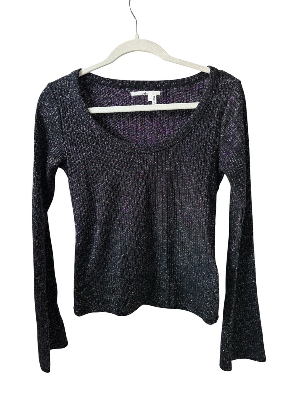ba&sh Black Metallic Ribbed Scoop Neck Long Sleeve Top